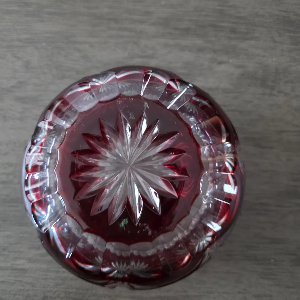 Bohemian Odessa Cranberry Red Cut to Clear Crystal Glass Rose Bowl Vase